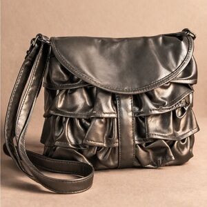 Ruffled Crossbody Shoulder Bag in Metallic Charcoal